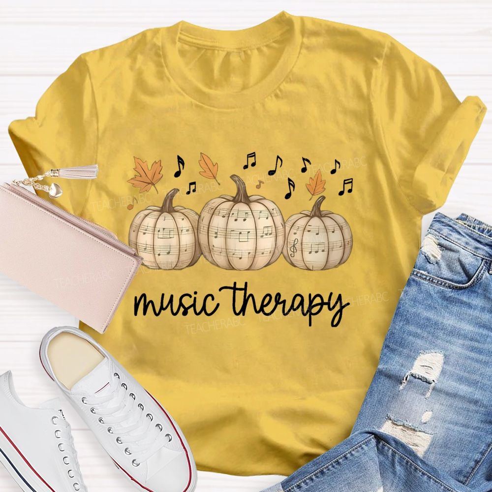 Music Therapy Pumpkin Fall Leaves Musical Notes Teacher T-shirt