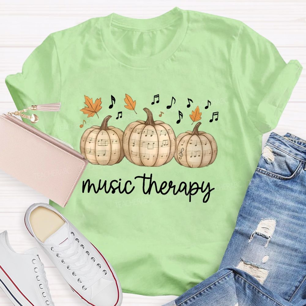 Music Therapy Pumpkin Fall Leaves Musical Notes Teacher T-shirt
