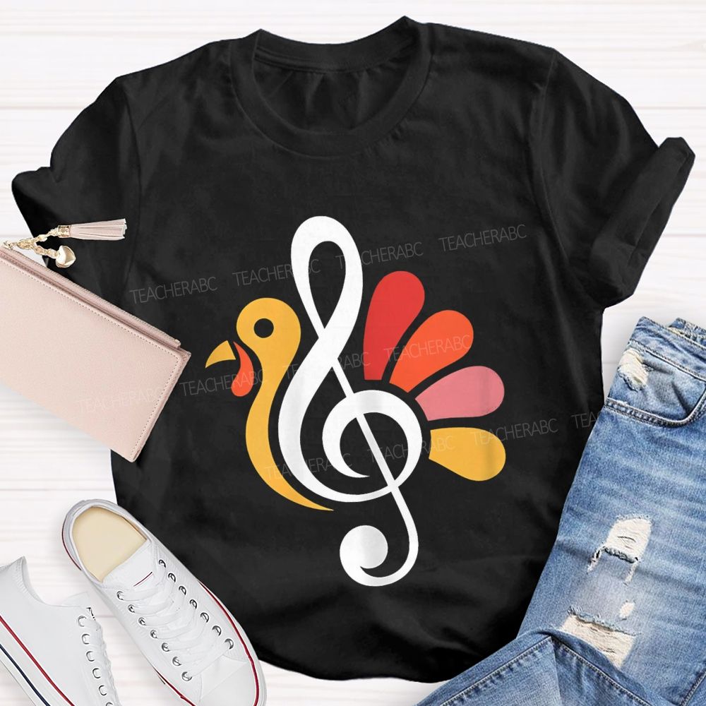Thanksgiving Music Teacher Treble Clef Turkey Teacher T-shirt