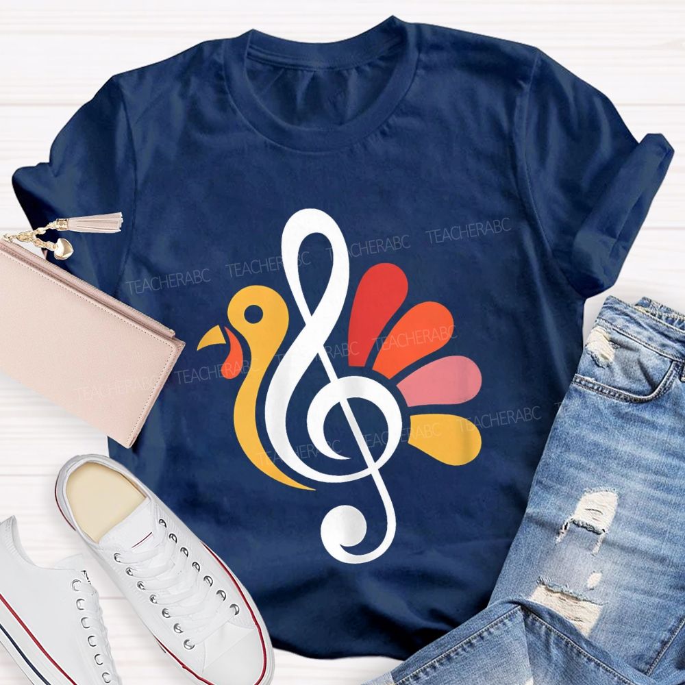 Thanksgiving Music Teacher Treble Clef Turkey Teacher T-shirt
