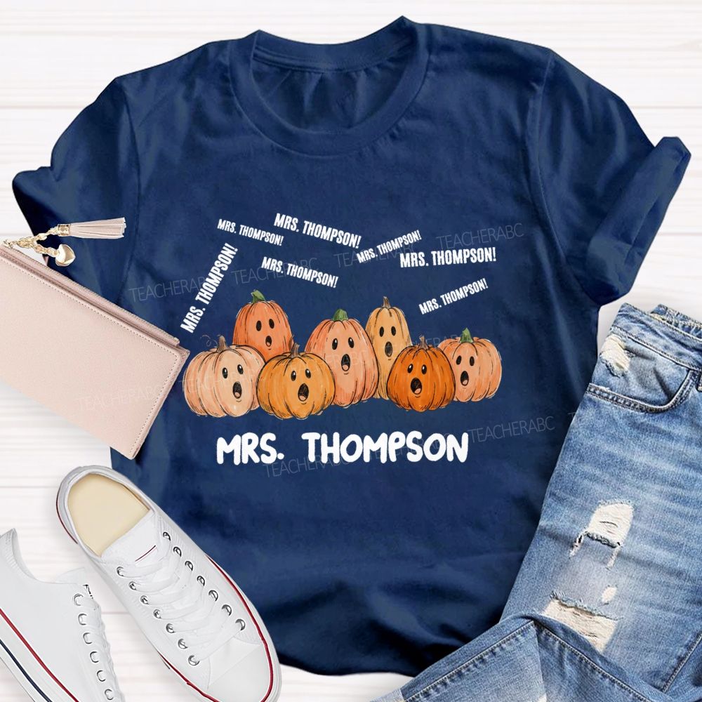 Personalized Name Pumpkin And Fall Halloween Teacher T-shirt
