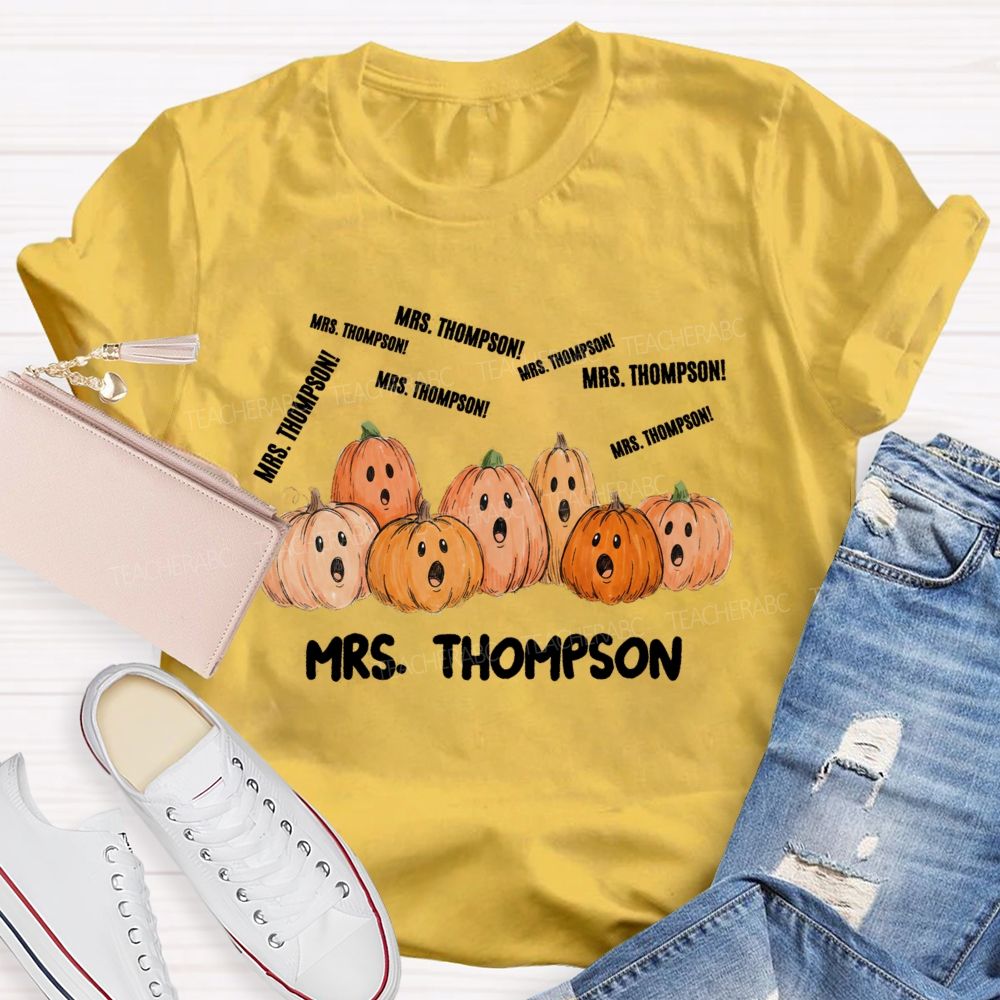 Personalized Name Pumpkin And Fall Halloween Teacher T-shirt