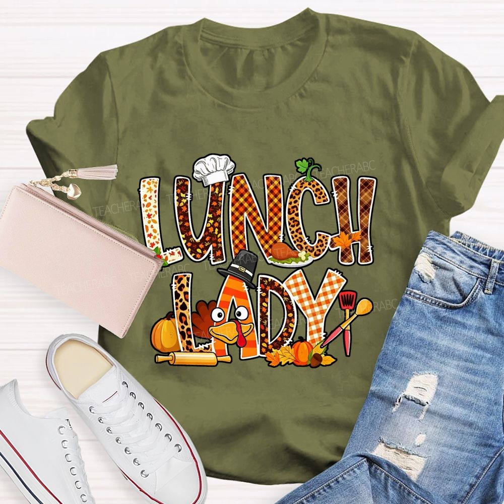 Lunch Lady Thanksgiving Fall Leopard Plaid Turkey T-shirt