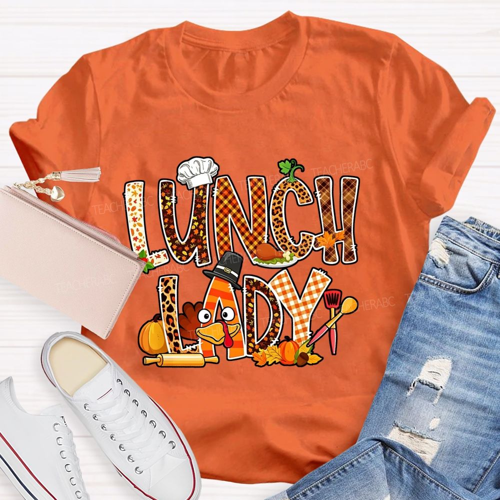 Lunch Lady Thanksgiving Fall Leopard Plaid Turkey T-shirt