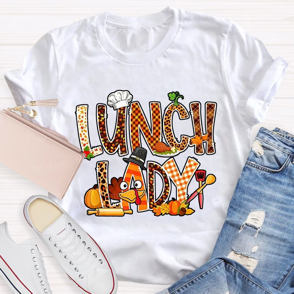 Lunch Lady Thanksgiving Fall Leopard Plaid Turkey T-shirt