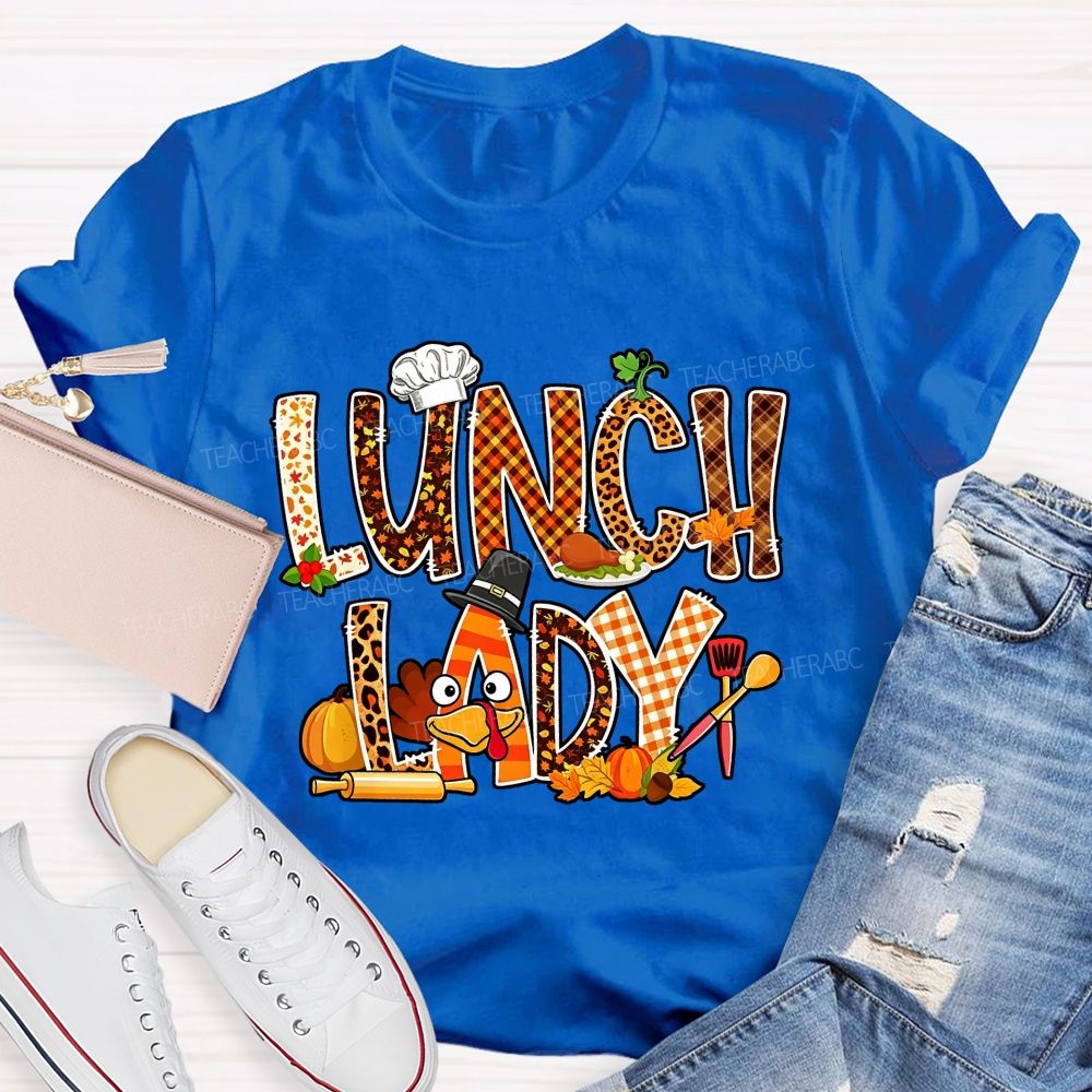 Lunch Lady Thanksgiving Fall Leopard Plaid Turkey T-shirt