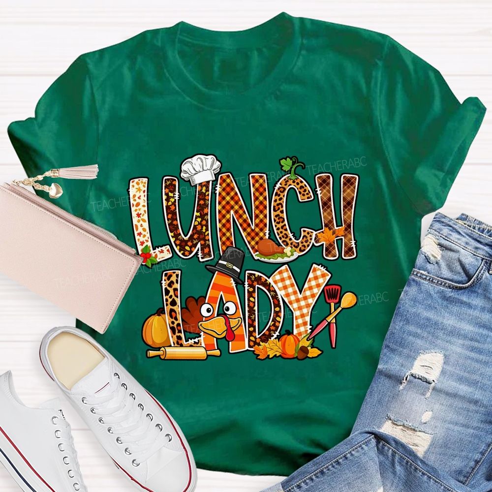 Lunch Lady Thanksgiving Fall Leopard Plaid Turkey T-shirt