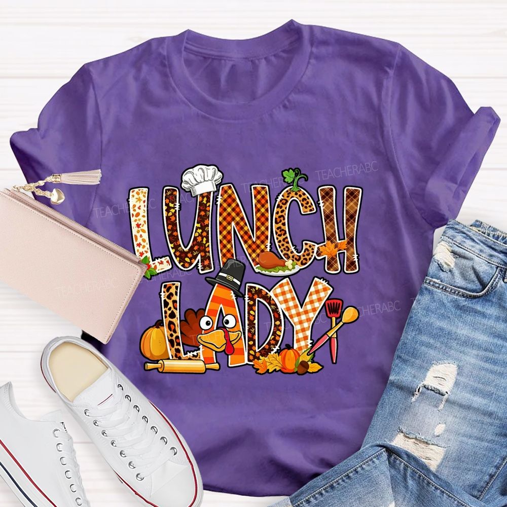 Lunch Lady Thanksgiving Fall Leopard Plaid Turkey T-shirt