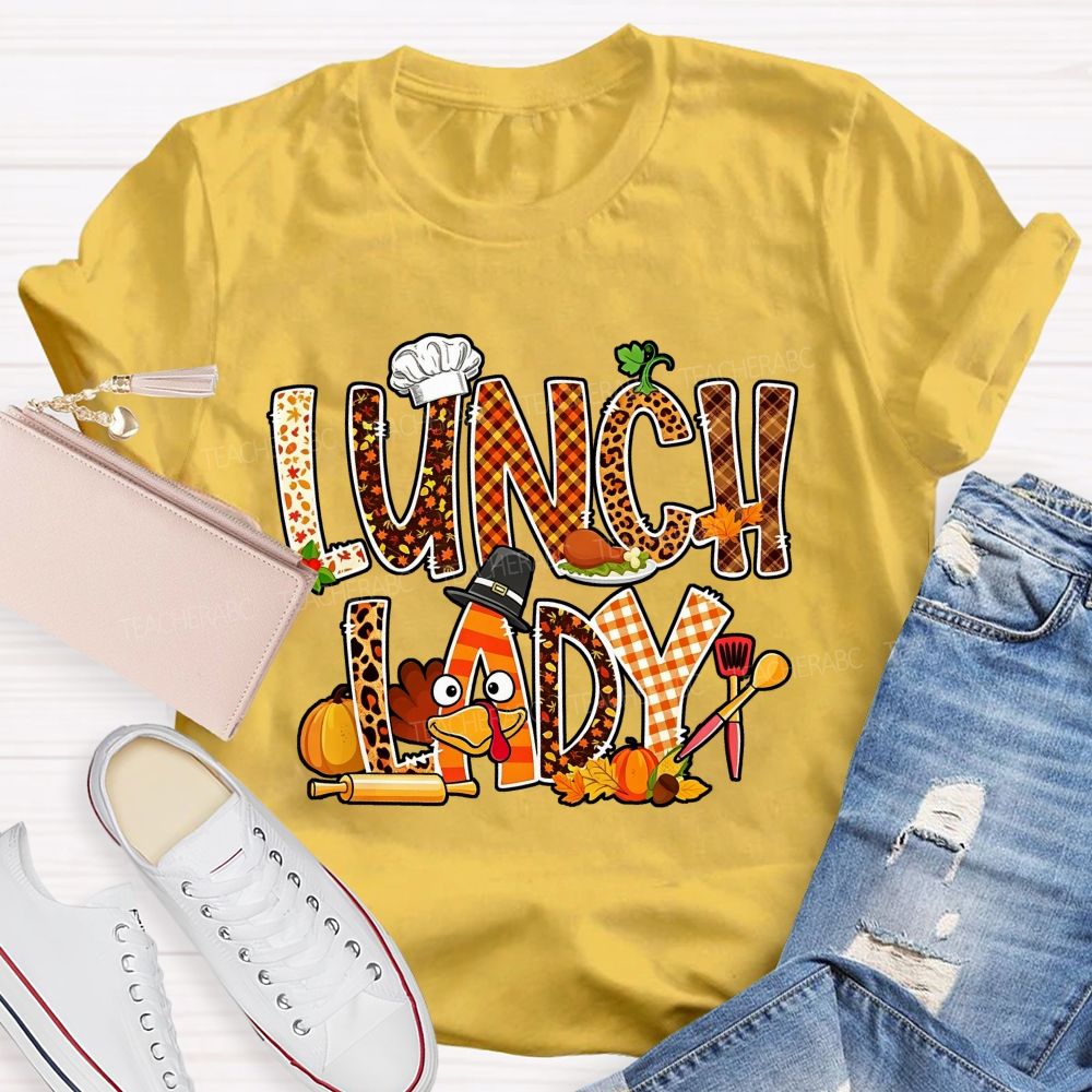 Lunch Lady Thanksgiving Fall Leopard Plaid Turkey T-shirt