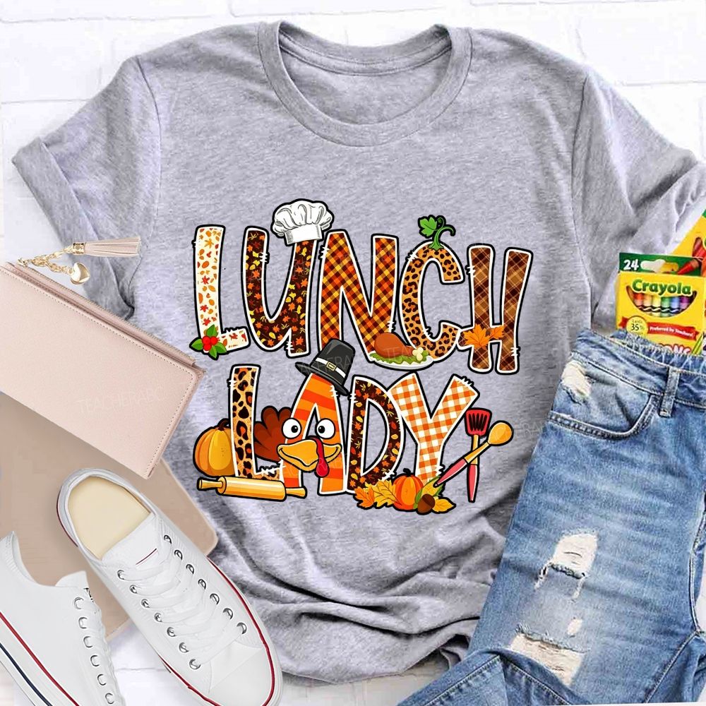 Lunch Lady Thanksgiving Fall Leopard Plaid Turkey T-shirt