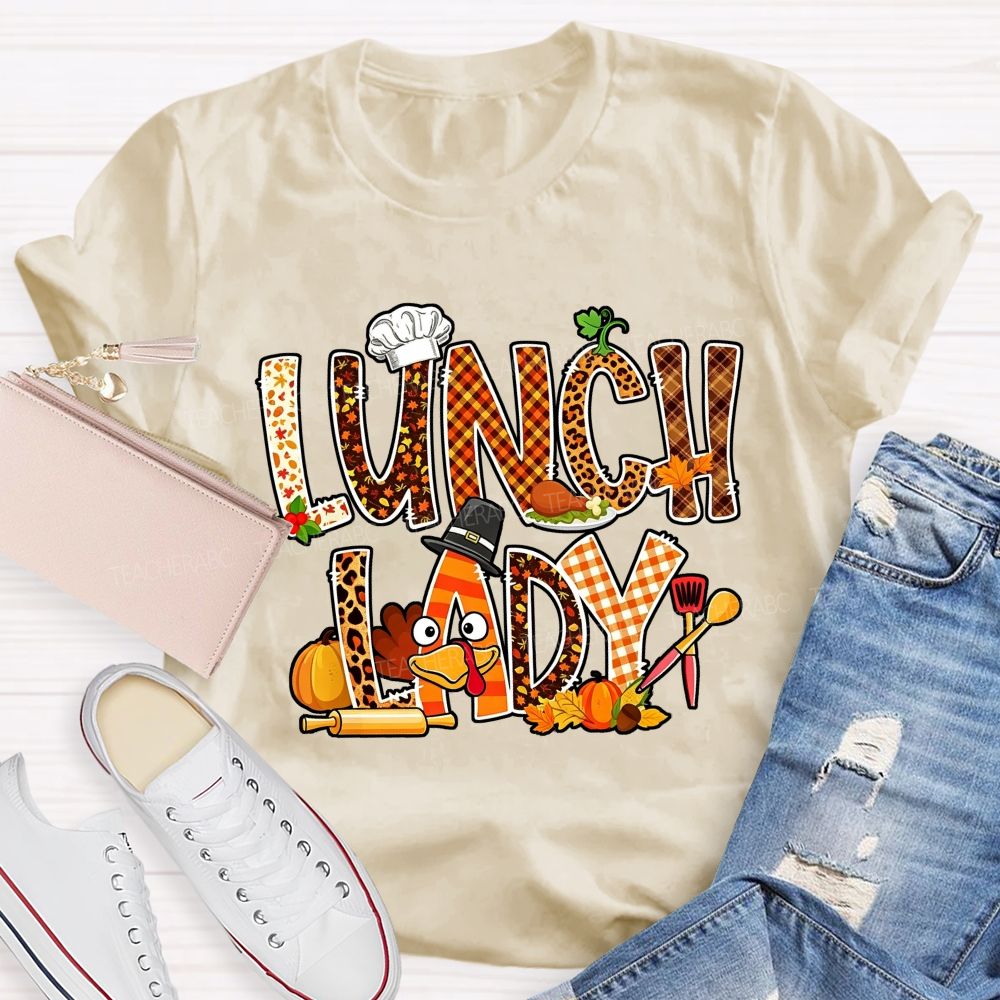 Lunch Lady Thanksgiving Fall Leopard Plaid Turkey T-shirt