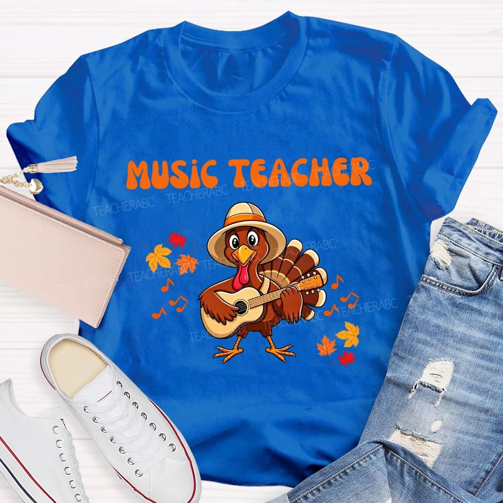 Music Teacher Turkey Playing Guitar Thanksgiving Fall Teacher T-shirt