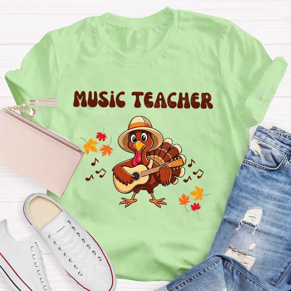 Music Teacher Turkey Playing Guitar Thanksgiving Fall Teacher T-shirt