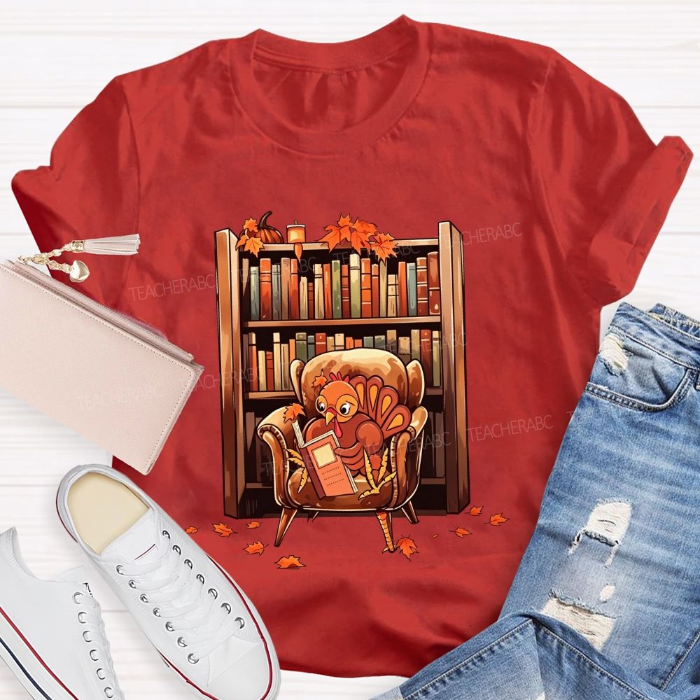 Turkey Reading Book Fall Thanksgiving Library Teacher T-shirt