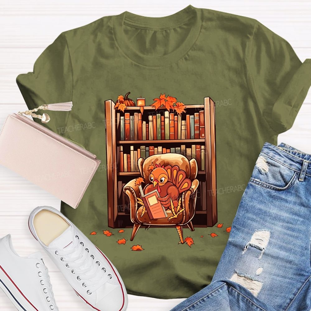 Turkey Reading Book Fall Thanksgiving Library Teacher T-shirt