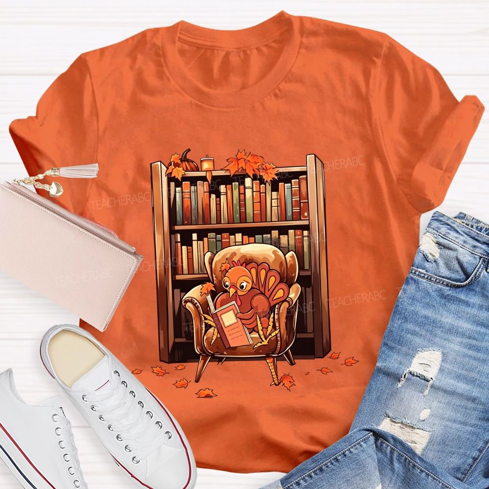 Turkey Reading Book Fall Thanksgiving Library Teacher T-shirt