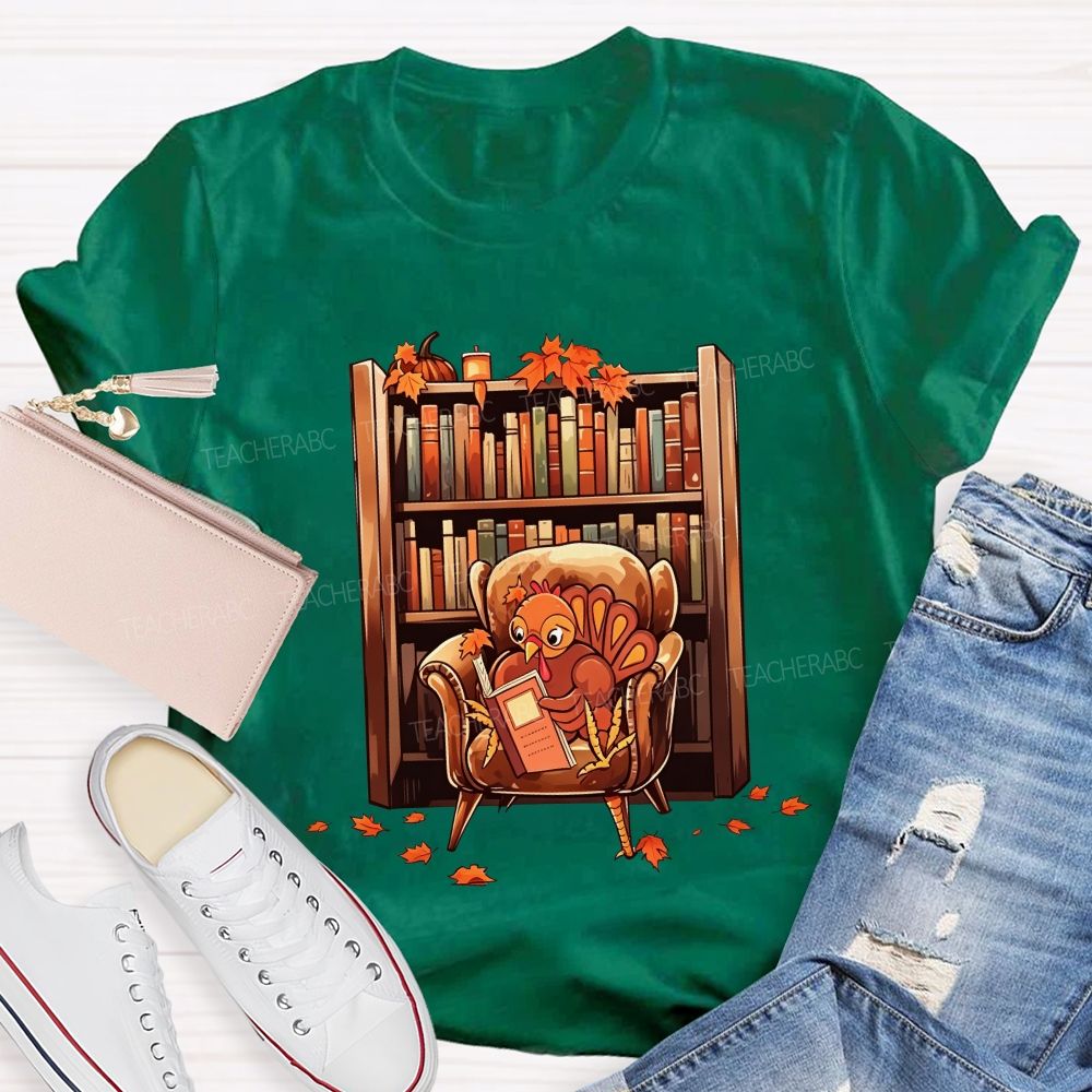 Turkey Reading Book Fall Thanksgiving Library Teacher T-shirt
