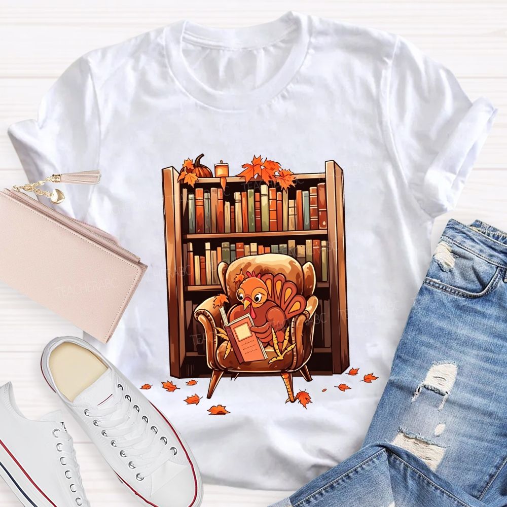 Turkey Reading Book Fall Thanksgiving Library Teacher T-shirt