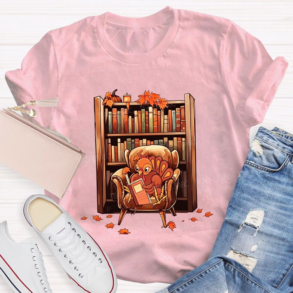 Turkey Reading Book Fall Thanksgiving Library Teacher T-shirt
