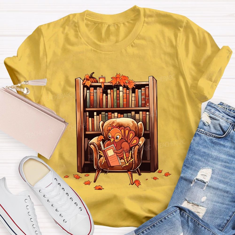 Turkey Reading Book Fall Thanksgiving Library Teacher T-shirt