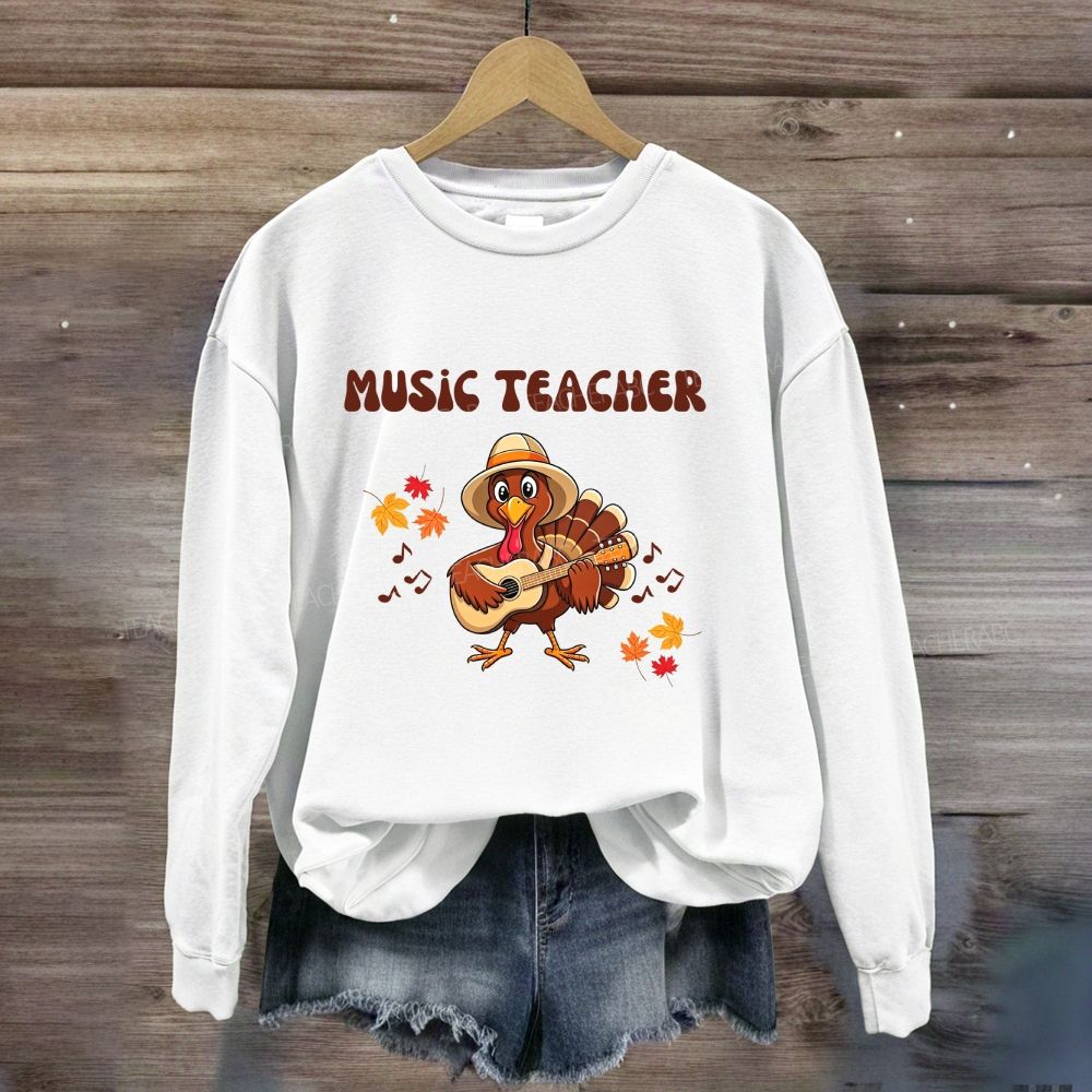 Turkey Playing Guitar Fall Maple Leaves Music Notes Sweatshirt