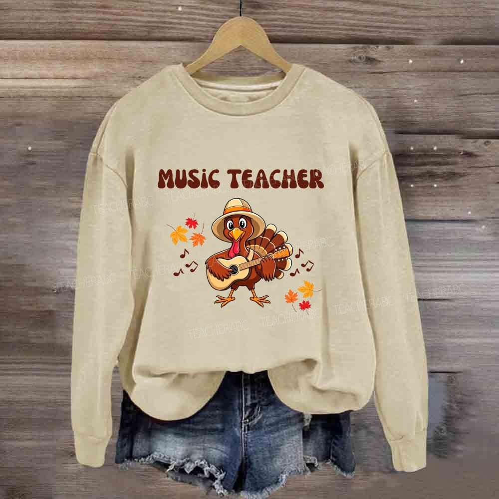 Turkey Playing Guitar Fall Maple Leaves Music Notes Sweatshirt