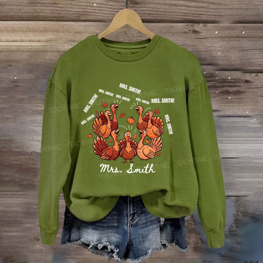 Personalized Name Turkey Thanksgiving Teacher Fall Sweatshirt