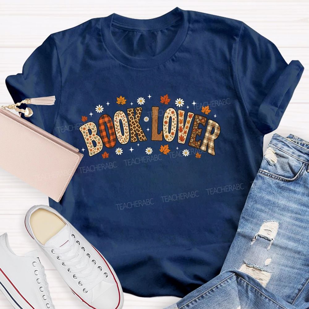 Autumn Book Lover Typography Maple Leaves Teacher T-shirt