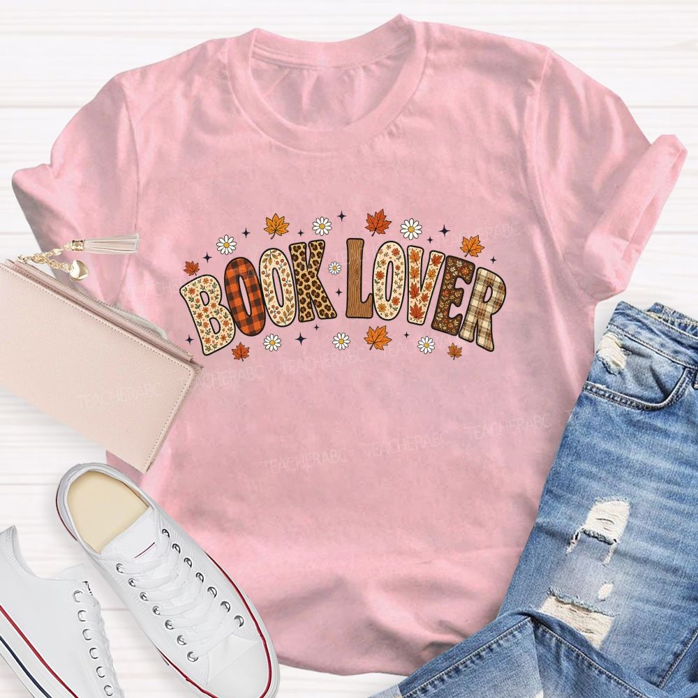 Autumn Book Lover Typography Maple Leaves Teacher T-shirt