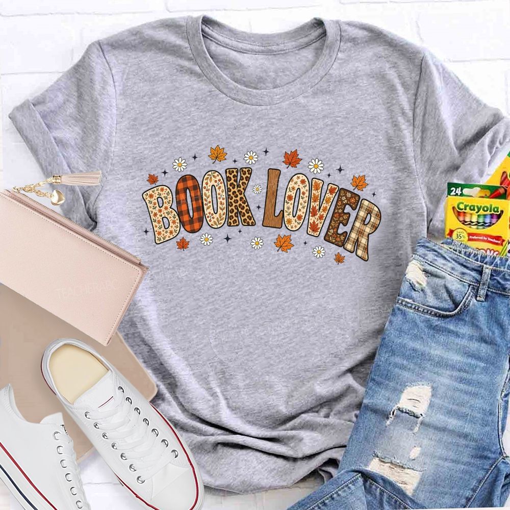 Autumn Book Lover Typography Maple Leaves Teacher T-shirt