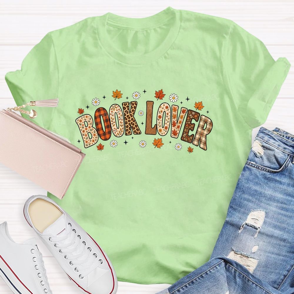 Autumn Book Lover Typography Maple Leaves Teacher T-shirt