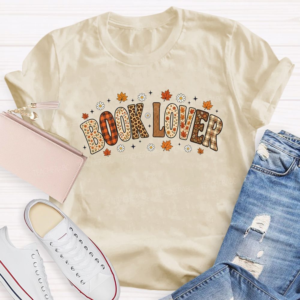 Autumn Book Lover Typography Maple Leaves Teacher T-shirt