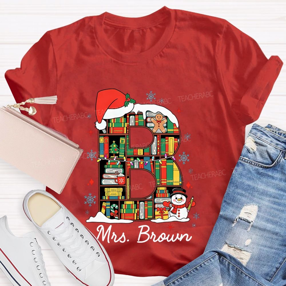 Personalized Name Christmas Bookshelf Monogram Letter Teacher T-shirt
