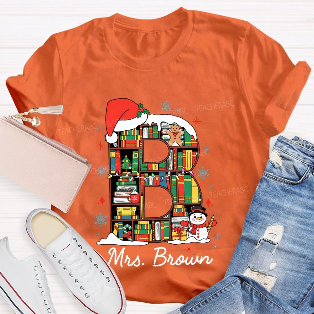 Personalized Name Christmas Bookshelf Monogram Letter Teacher T-shirt