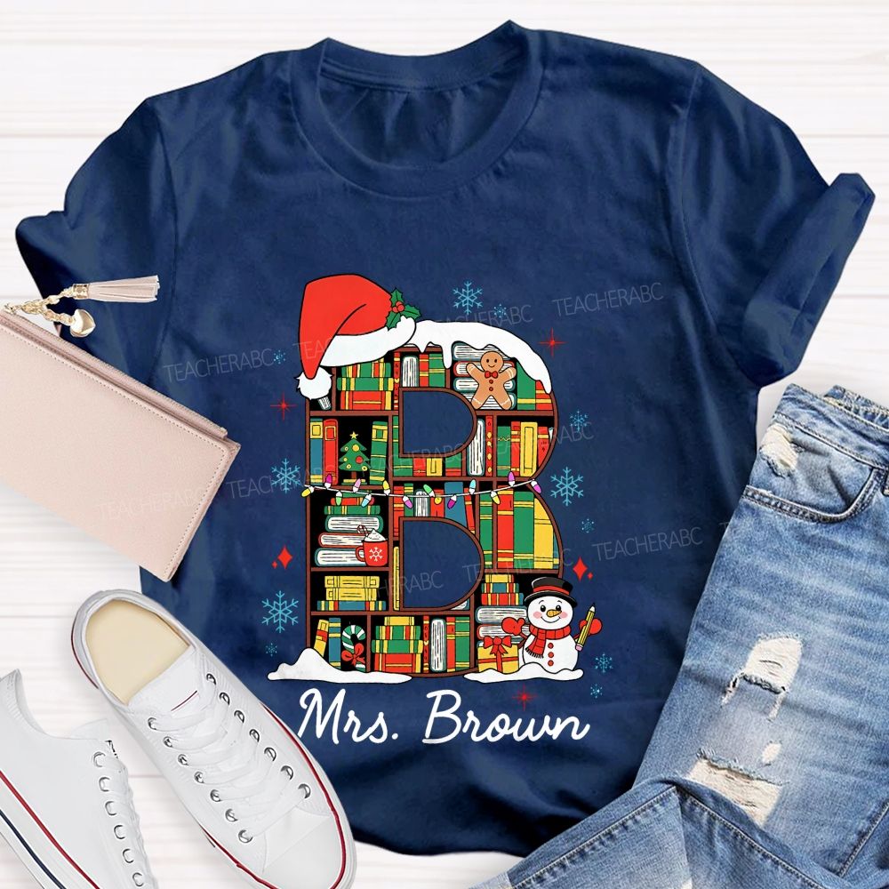 Personalized Name Christmas Bookshelf Monogram Letter Teacher T-shirt
