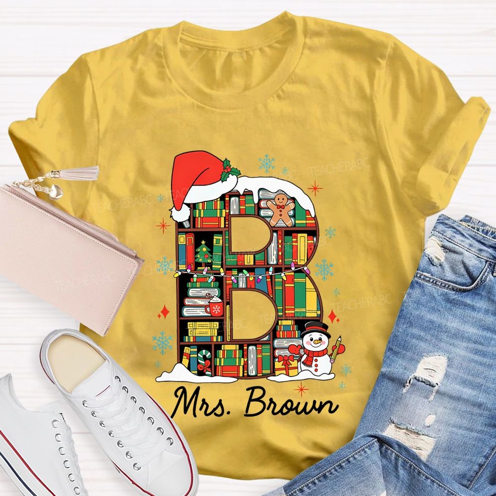 Personalized Name Christmas Bookshelf Monogram Letter Teacher T-shirt