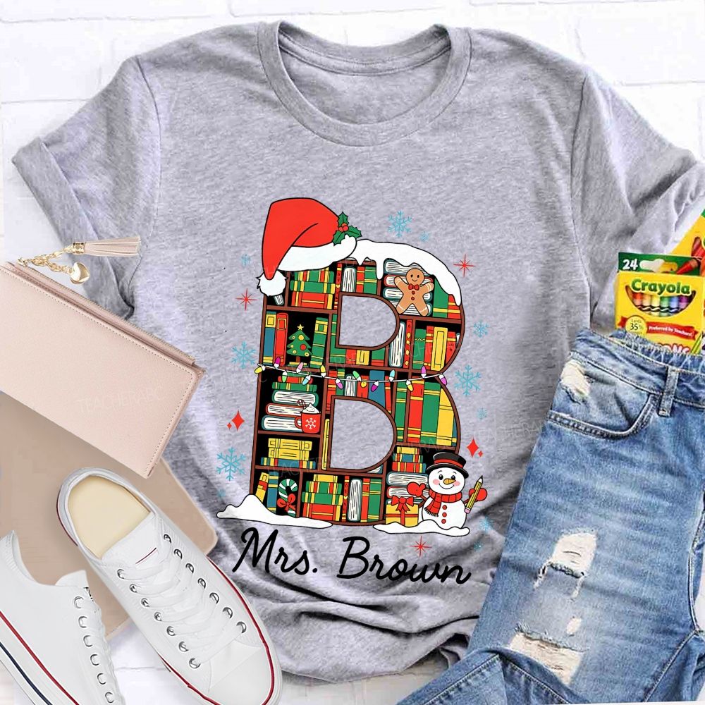 Personalized Name Christmas Bookshelf Monogram Letter Teacher T-shirt