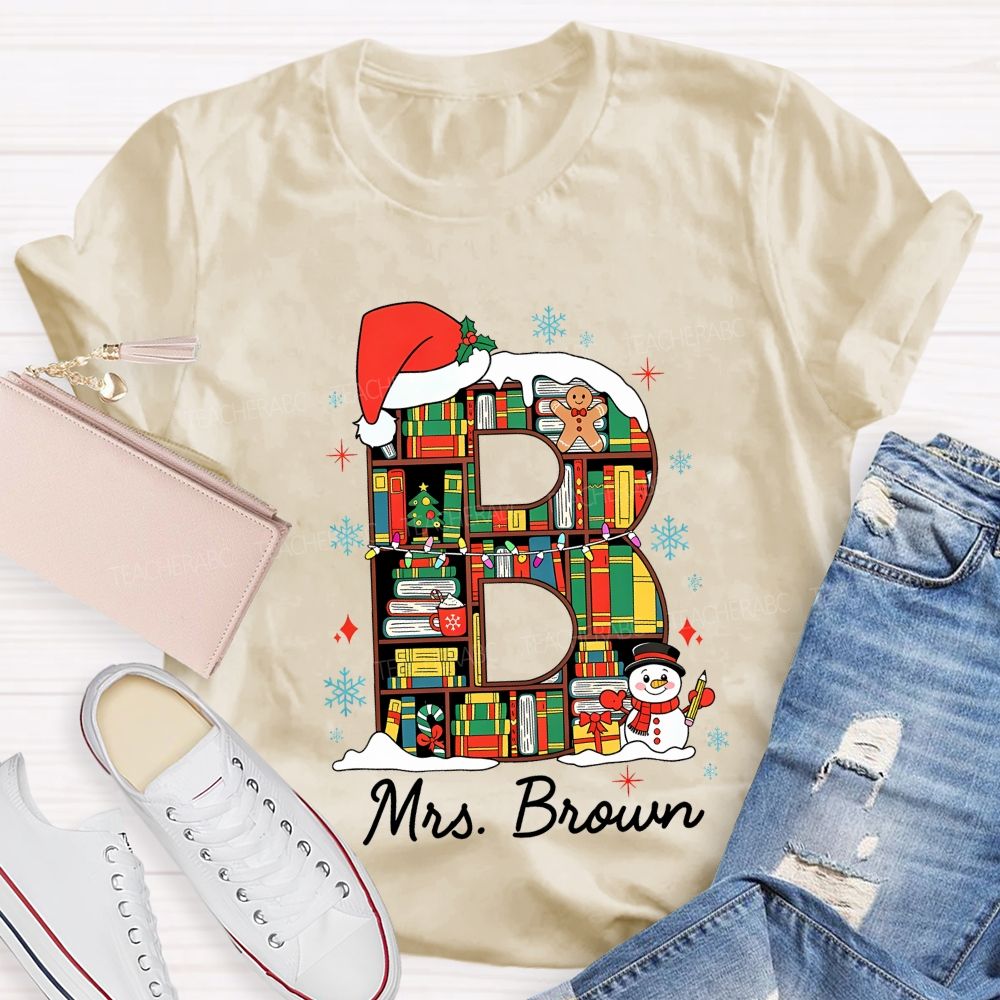 Personalized Name Christmas Bookshelf Monogram Letter Teacher T-shirt