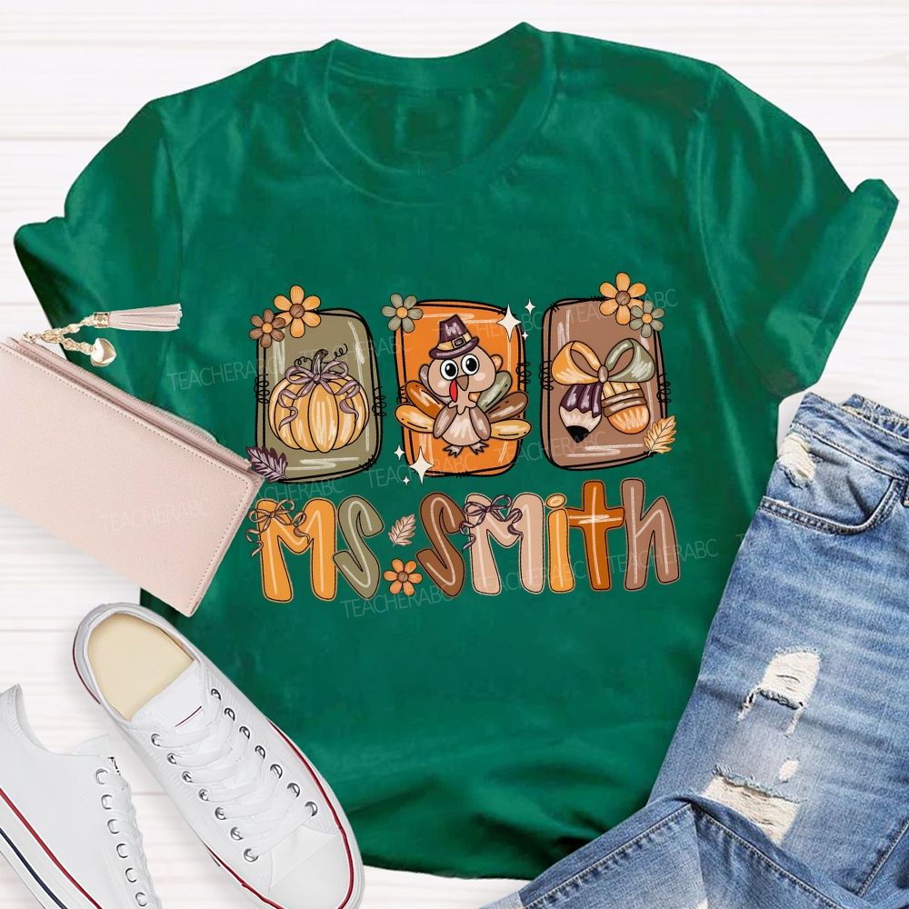 Personalized Name Fall Thanksgiving Teacher T-shirt