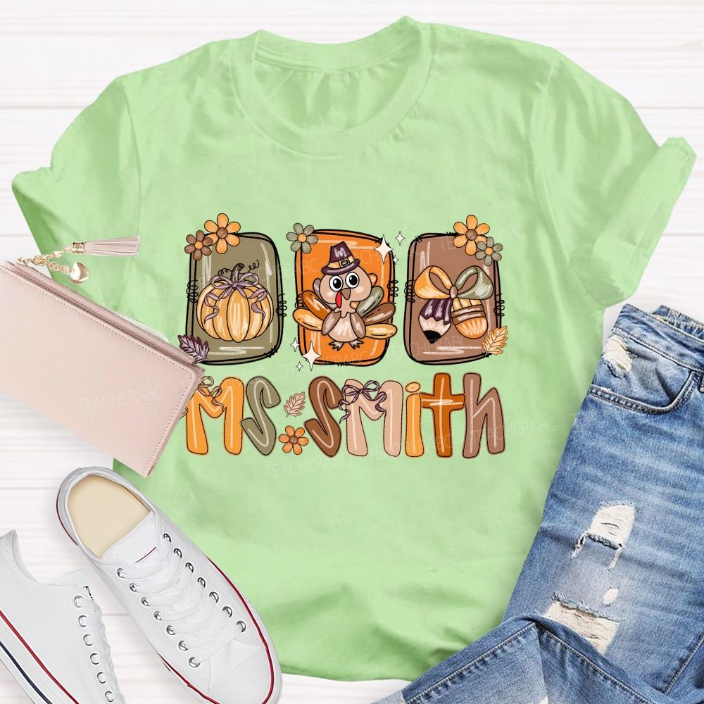 Personalized Name Fall Thanksgiving Teacher T-shirt