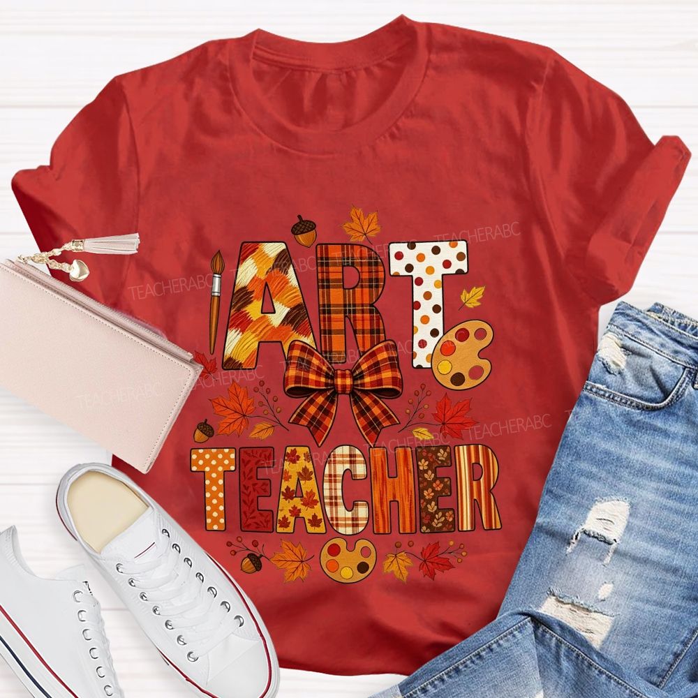 Fall Art Teacher Plaid Bow Maple Leaf Teacher T-shirt