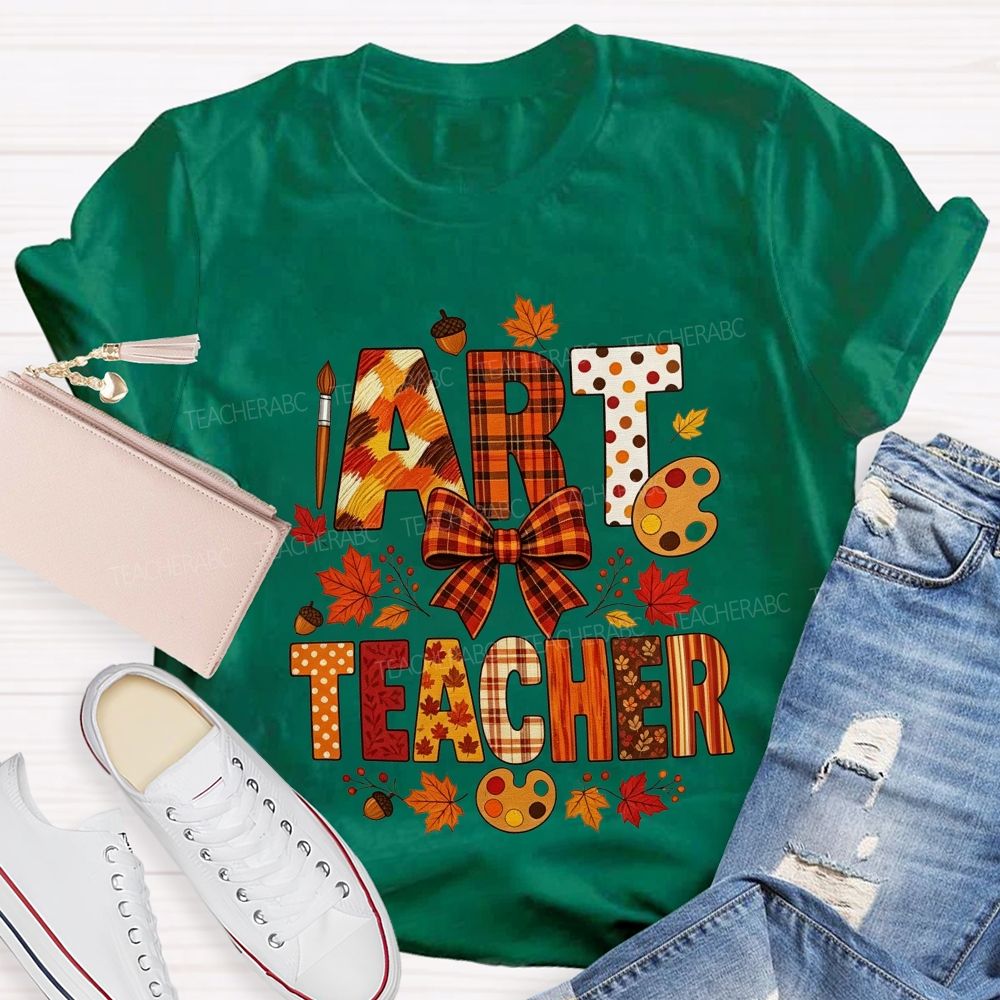 Fall Art Teacher Plaid Bow Maple Leaf Teacher T-shirt