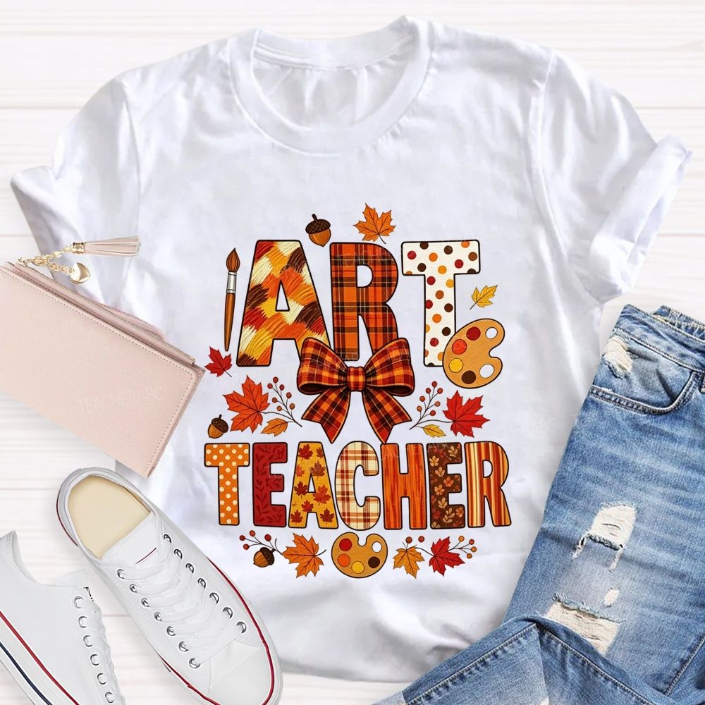 Fall Art Teacher Plaid Bow Maple Leaf Teacher T-shirt
