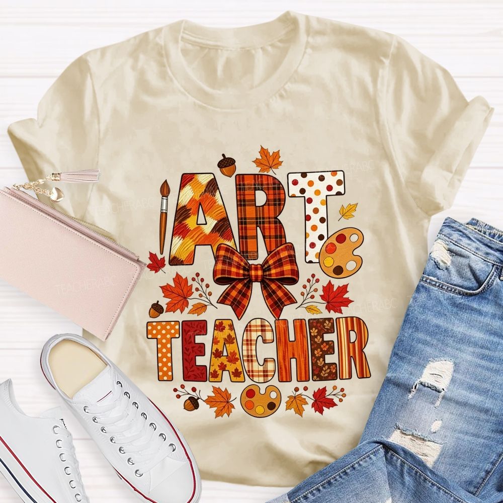 Fall Art Teacher Plaid Bow Maple Leaf Teacher T-shirt