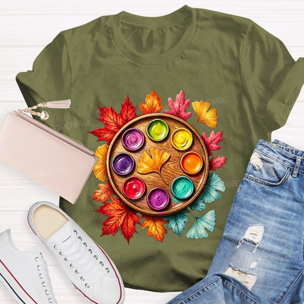 Fall Paint Palette Autumn Leaves Art Teacher T-shirt