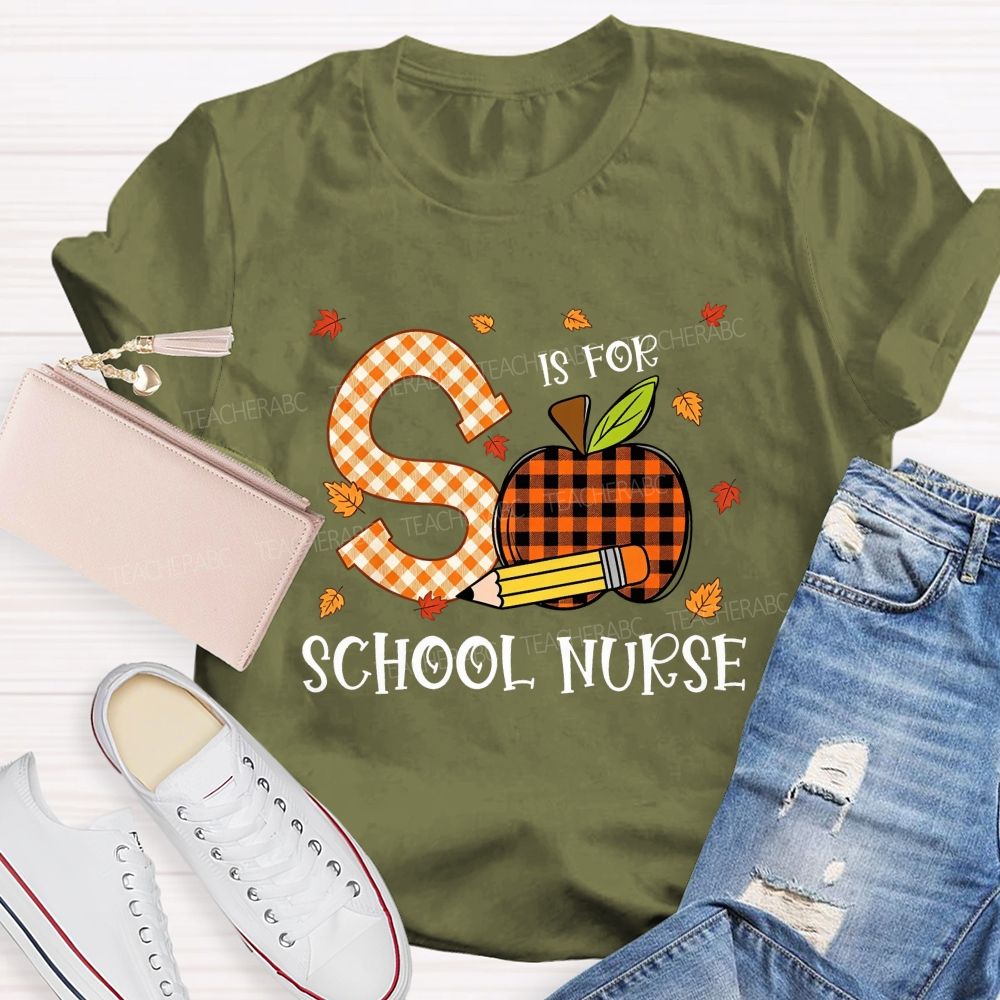S Is For School Nurse Fall Plaid Apple Pencil T-shirt