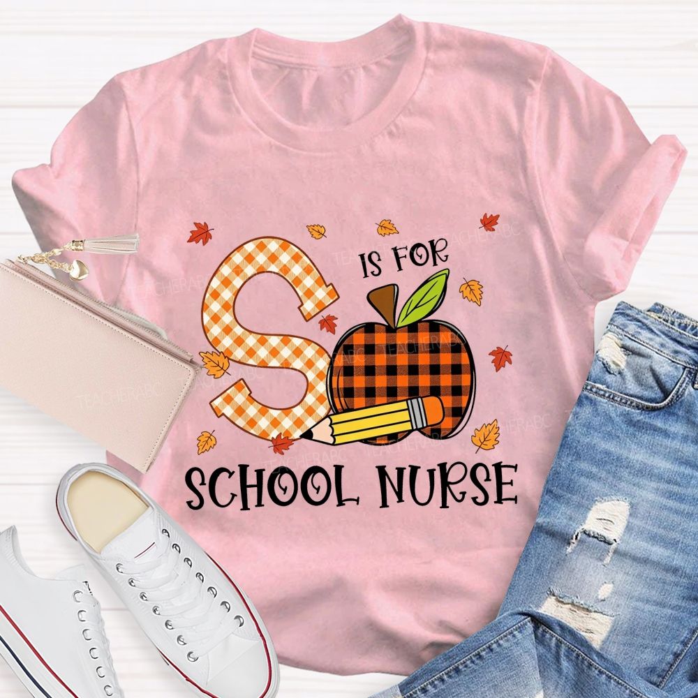 S Is For School Nurse Fall Plaid Apple Pencil T-shirt