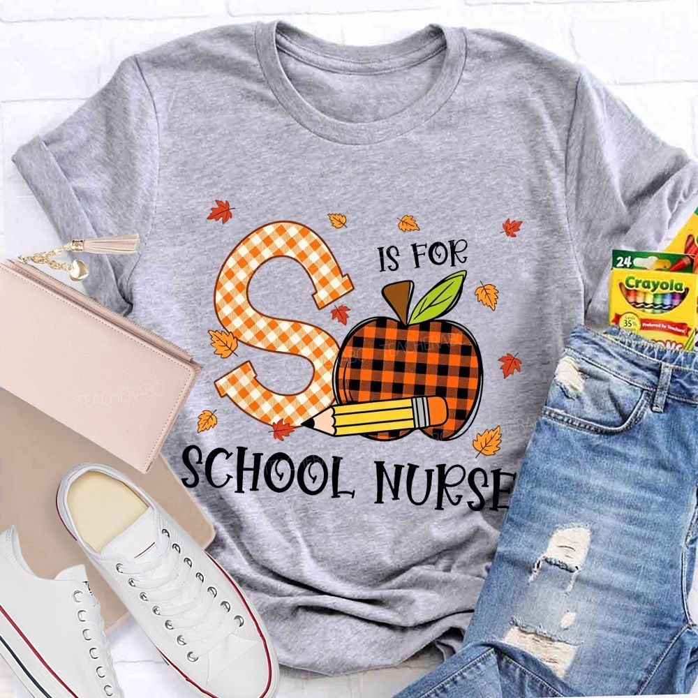 S Is For School Nurse Fall Plaid Apple Pencil T-shirt