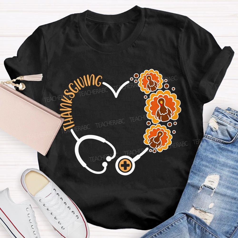 Thanksgiving Heart Stethoscope Turkey Nurse T-shirt