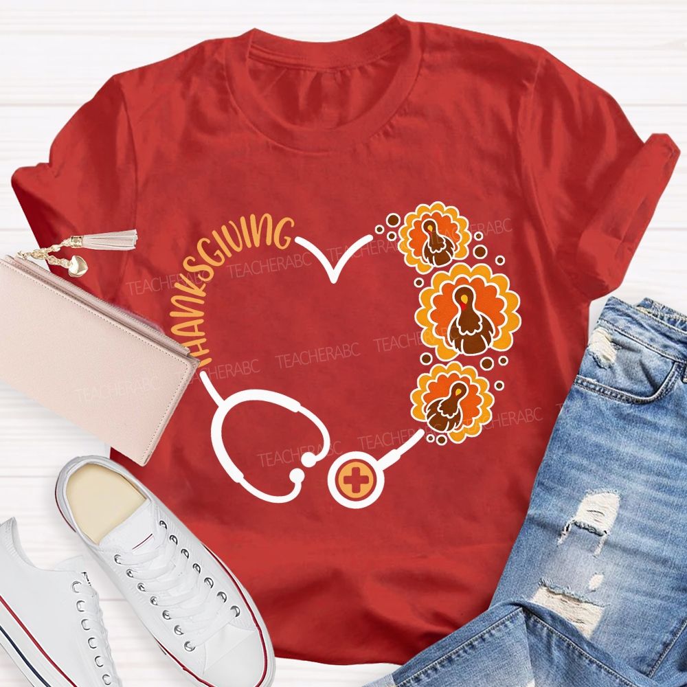 Thanksgiving Heart Stethoscope Turkey Nurse T-shirt